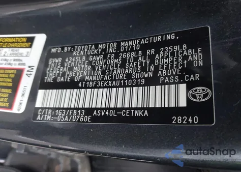 2010 Toyota Camry Le из США, поврежденный, VIN 4T1BF3EKXAU110319